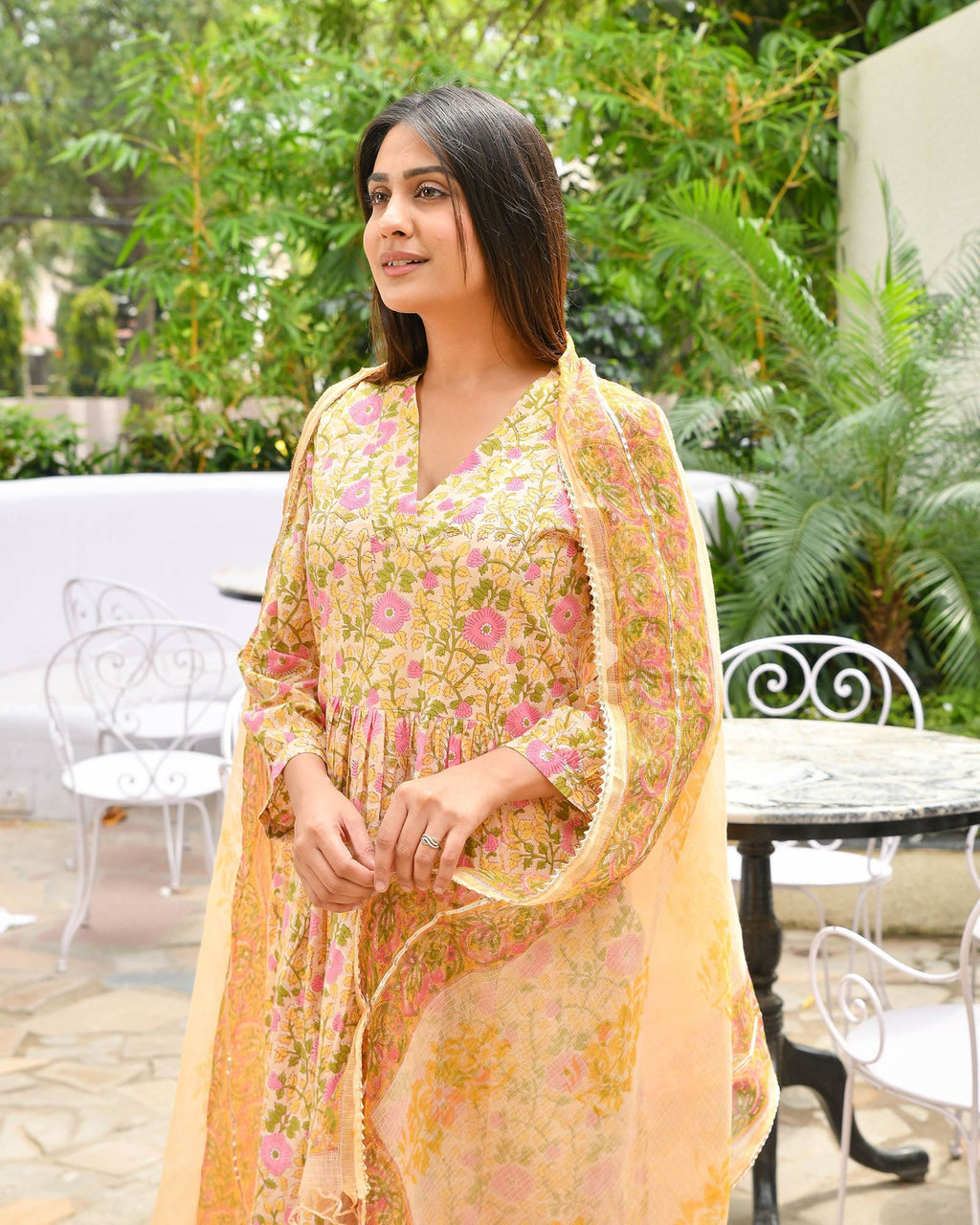 YELLOW HANDBLOCK SUIT SET WITH PINK BLOSSOMS