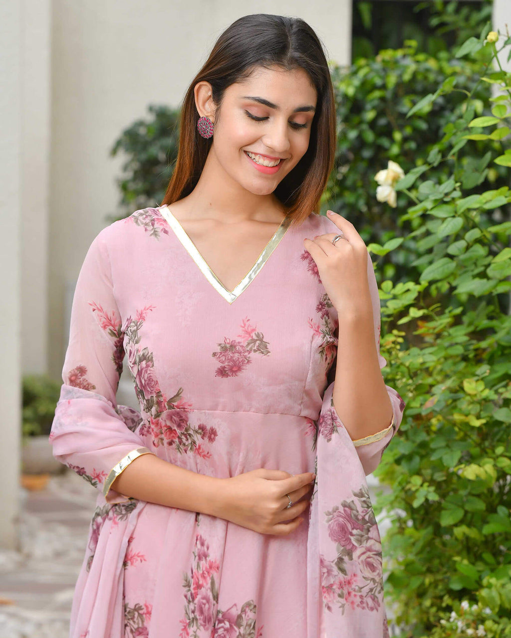 PINK MAUVE FLORAL CHIFFON SUIT SET