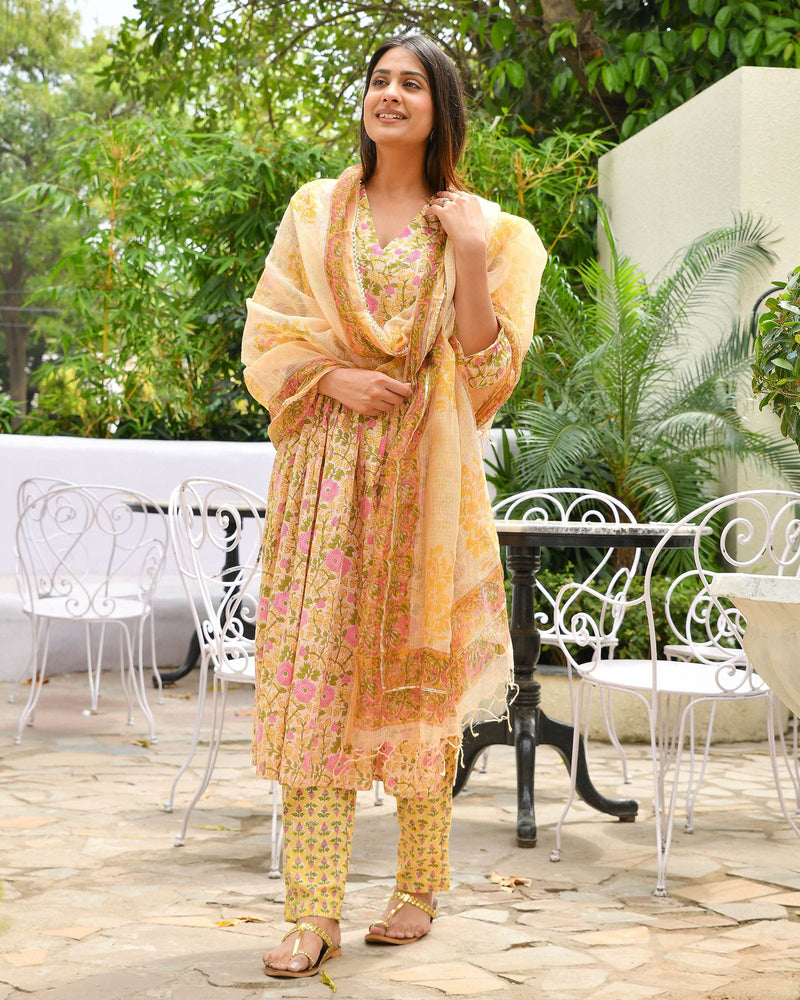YELLOW HANDBLOCK SUIT SET WITH PINK BLOSSOMS