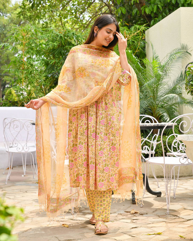 YELLOW HANDBLOCK SUIT SET WITH PINK BLOSSOMS