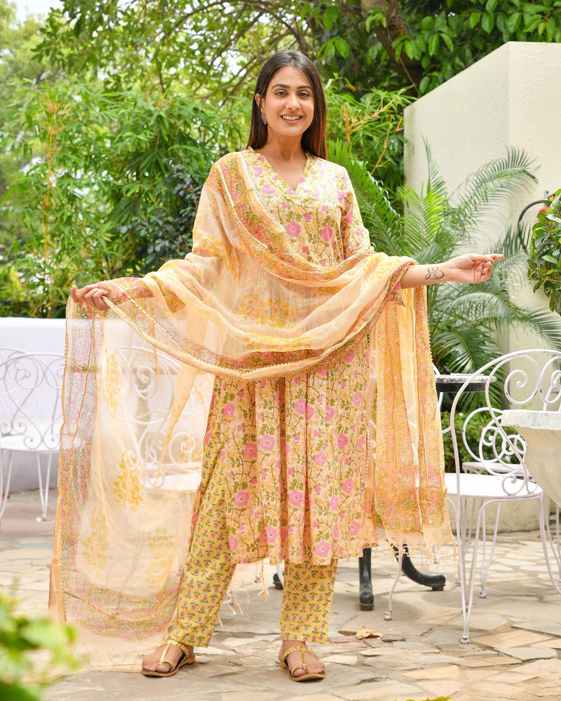 YELLOW HANDBLOCK SUIT SET WITH PINK BLOSSOMS