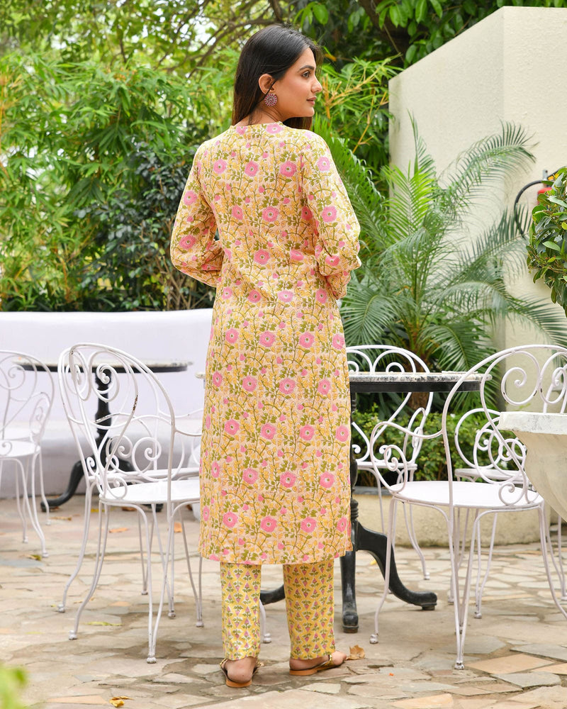 YELLOW HANDBLOCK SUIT SET WITH PINK BLOSSOMS
