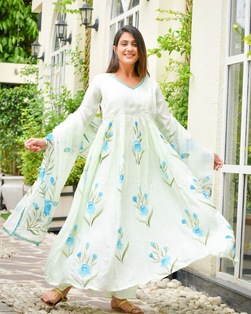 BLUE BLOSSOMY HANDPAINTED SHANTUNG ANARKALI