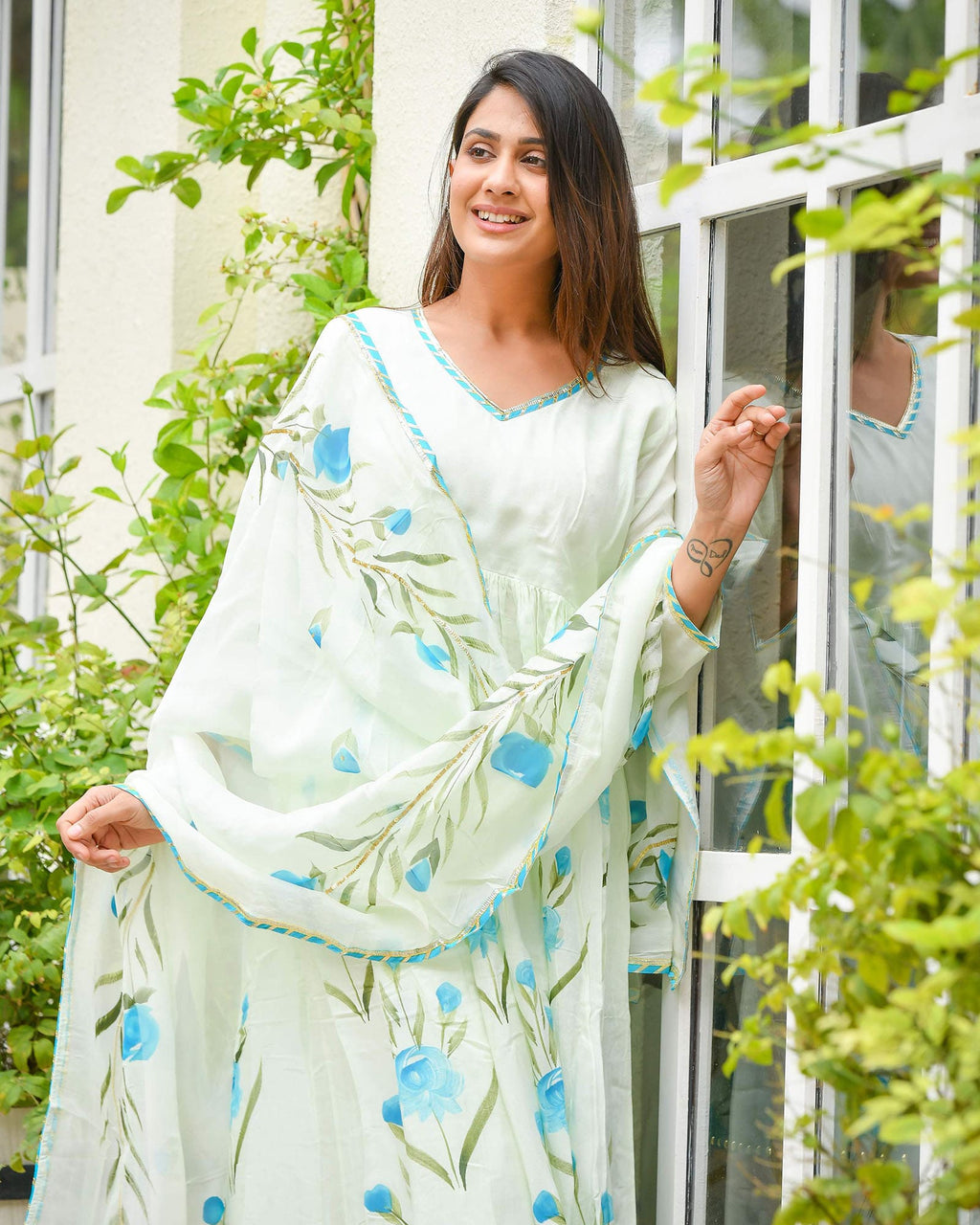 BLUE BLOSSOMY HANDPAINTED SHANTUNG ANARKALI