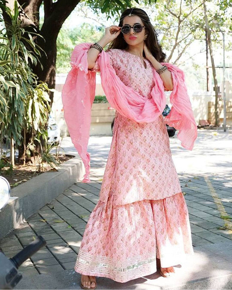 PINK HANDBLOCK GHARARA SET