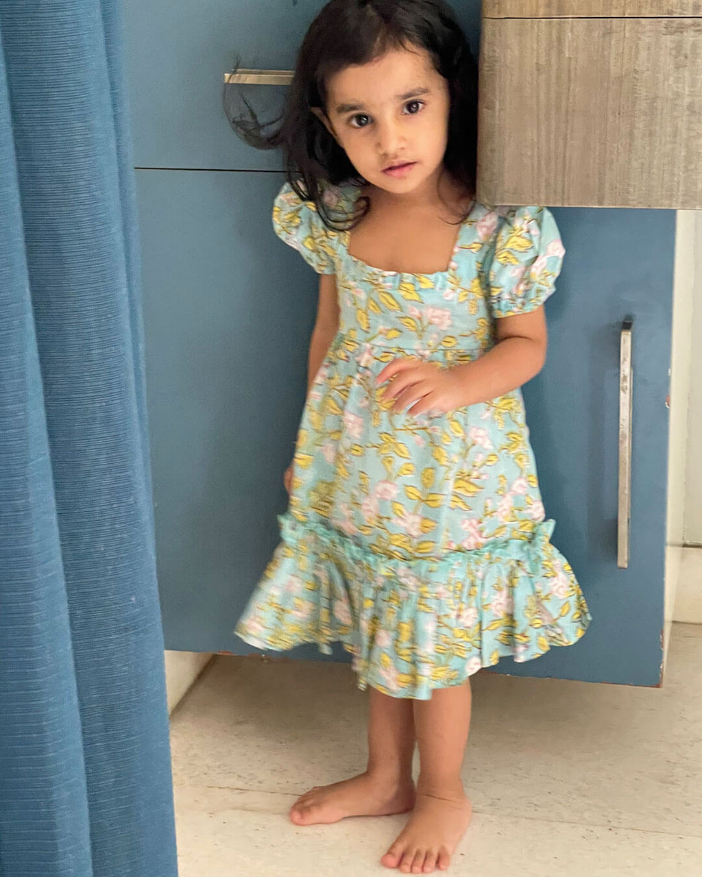 BLUE FLORAL HANDBLOCK DRESS
