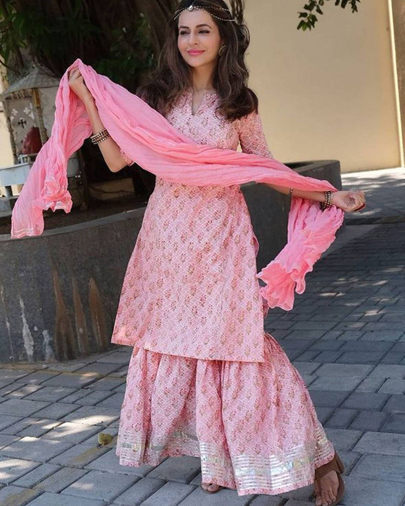 PINK HANDBLOCK GHARARA SET