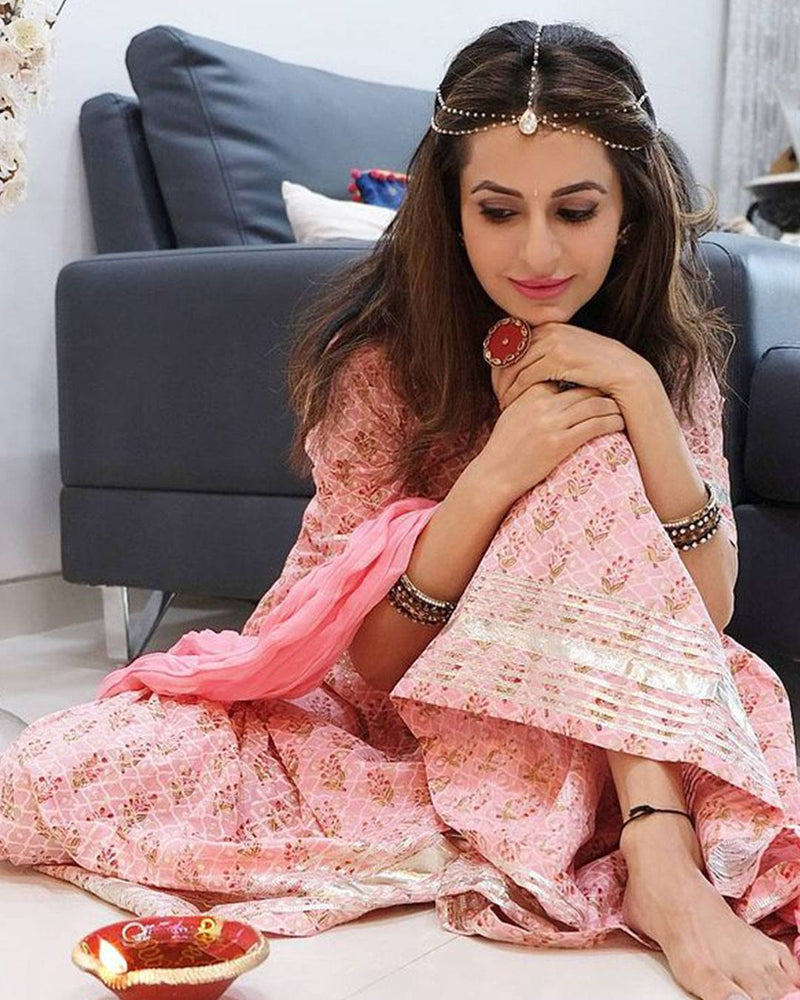 PINK HANDBLOCK GHARARA SET