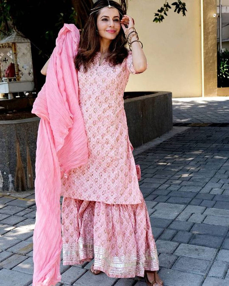 PINK HANDBLOCK GHARARA SET