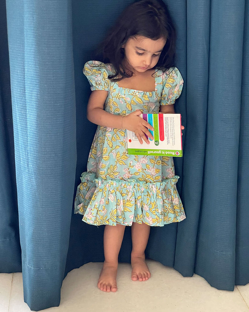 BLUE FLORAL HANDBLOCK DRESS