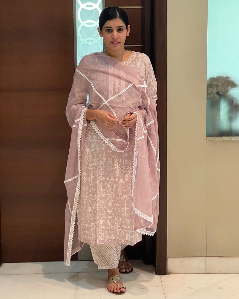 MAUVE & WHITE HANDBLOCK SUIT SET