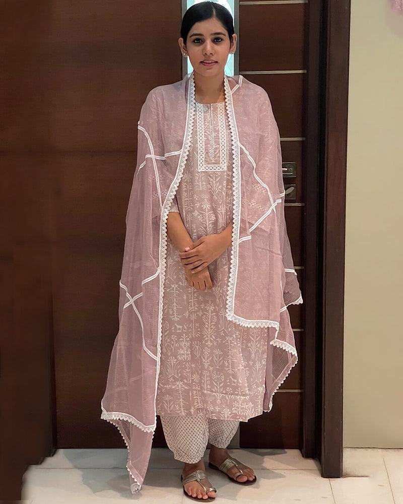 MAUVE & WHITE HANDBLOCK SUIT SET