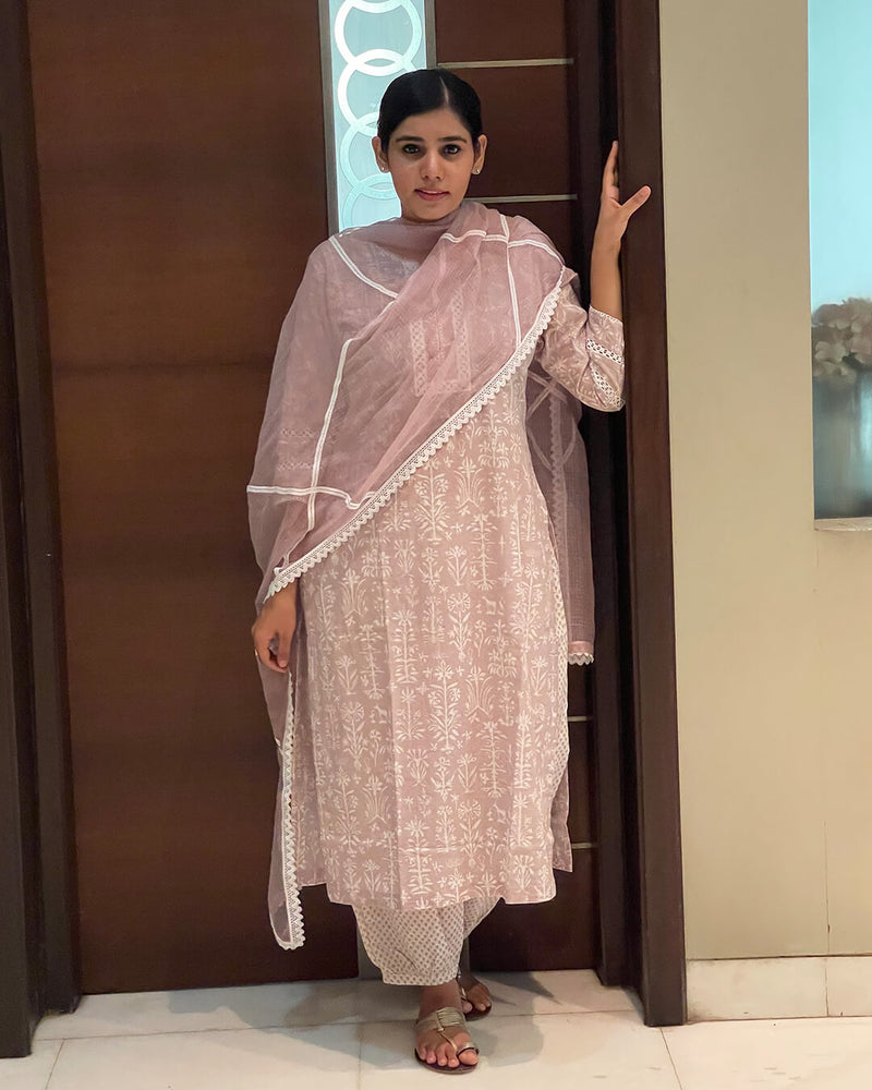 MAUVE & WHITE HANDBLOCK SUIT SET