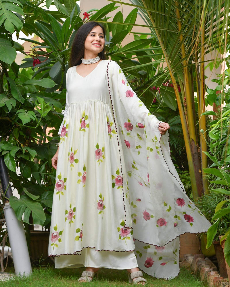 CREAM FLORAL HANDPAINTED ANARKALI SET