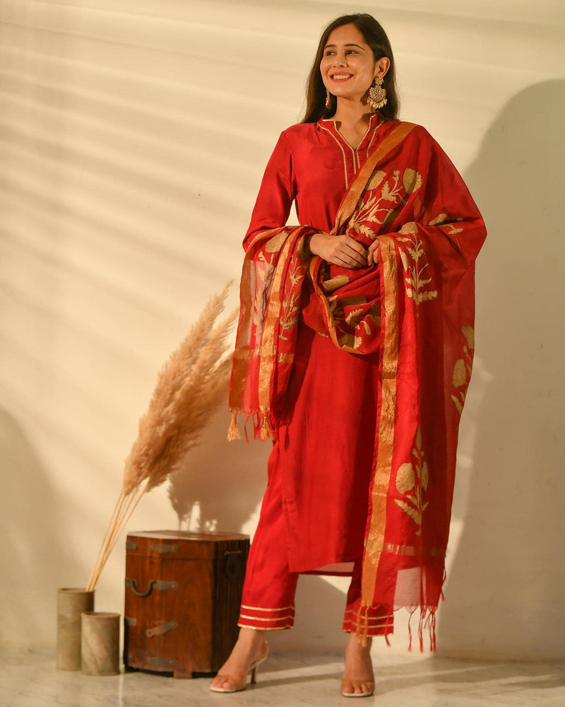 MAROON MUSLIN HANDBLOCK SUIT SET