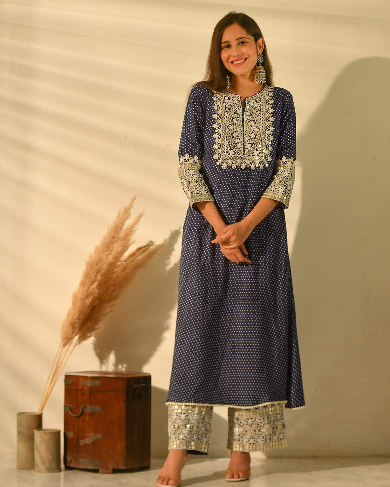 PERKY INDIGO SHANTUNG KURTA SET