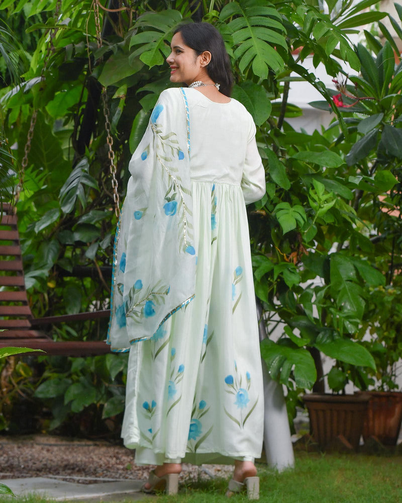 BLUE BLOSSOMY HANDPAINTED SHANTUNG ANARKALI