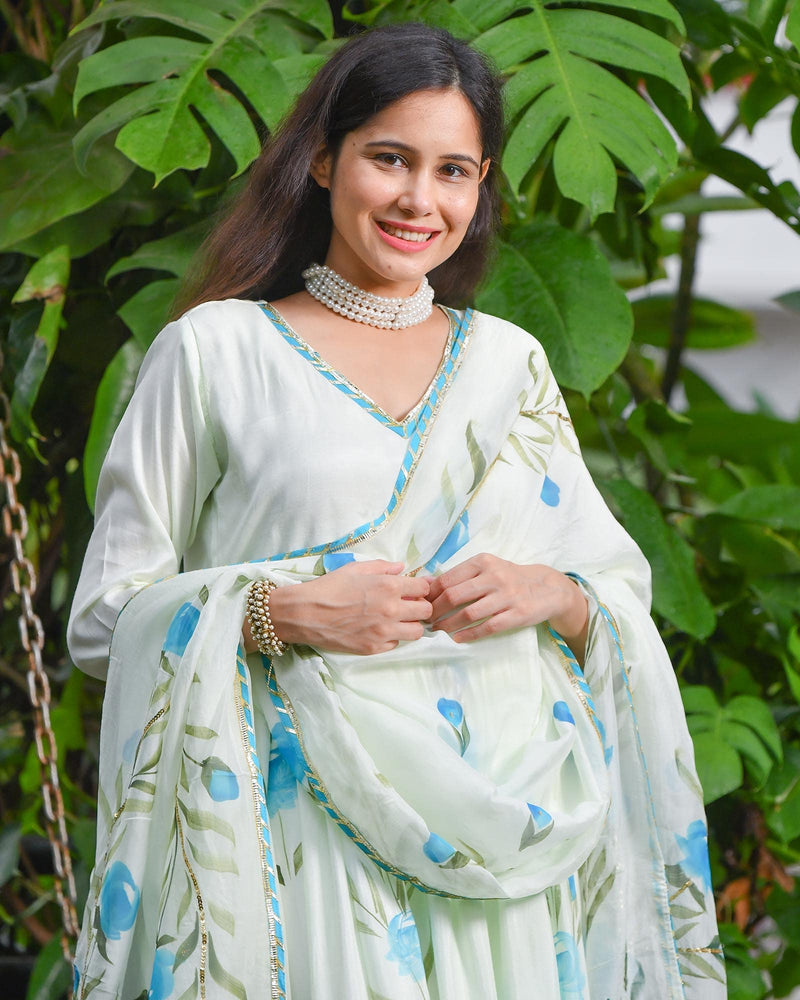 BLUE BLOSSOMY HANDPAINTED SHANTUNG ANARKALI