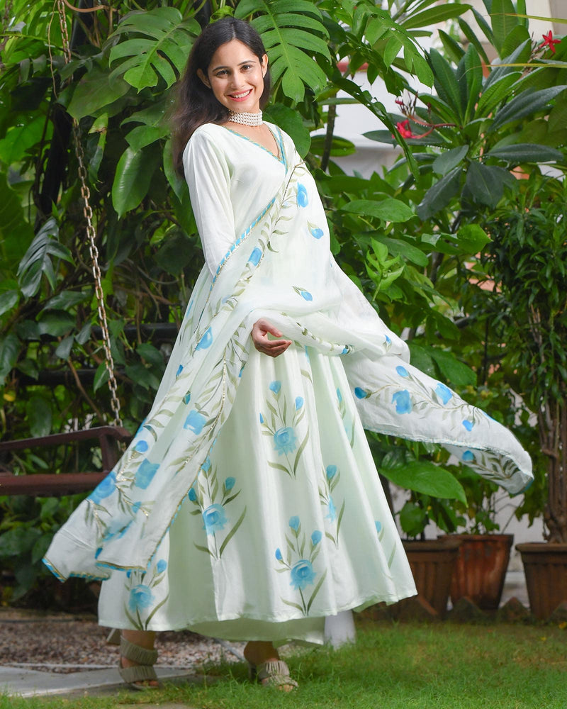 BLUE BLOSSOMY HANDPAINTED SHANTUNG ANARKALI