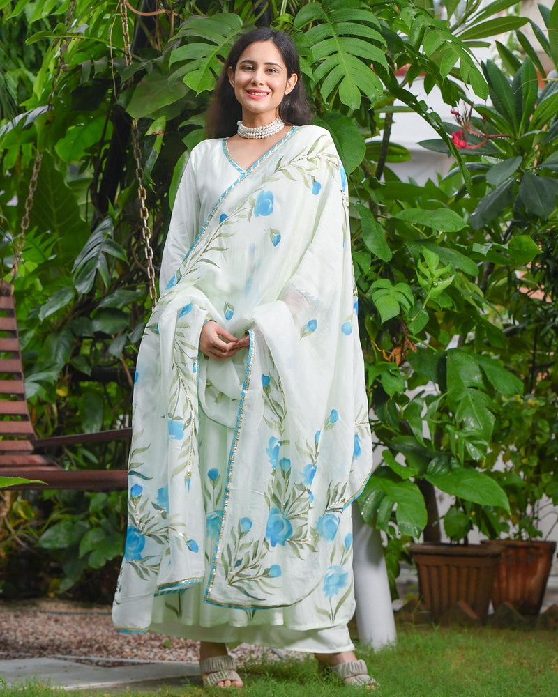 BLUE BLOSSOMY HANDPAINTED SHANTUNG ANARKALI
