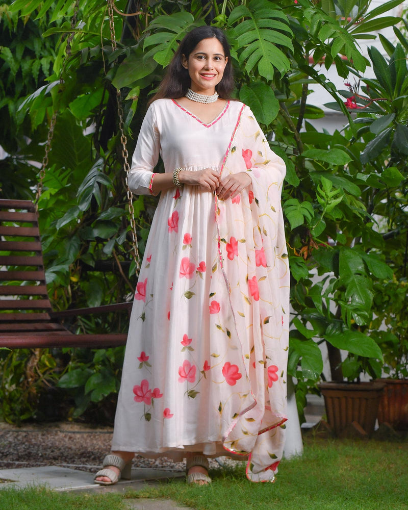 BLOOMING PINK HANDPAINTED SHANTUNG ANARKALI