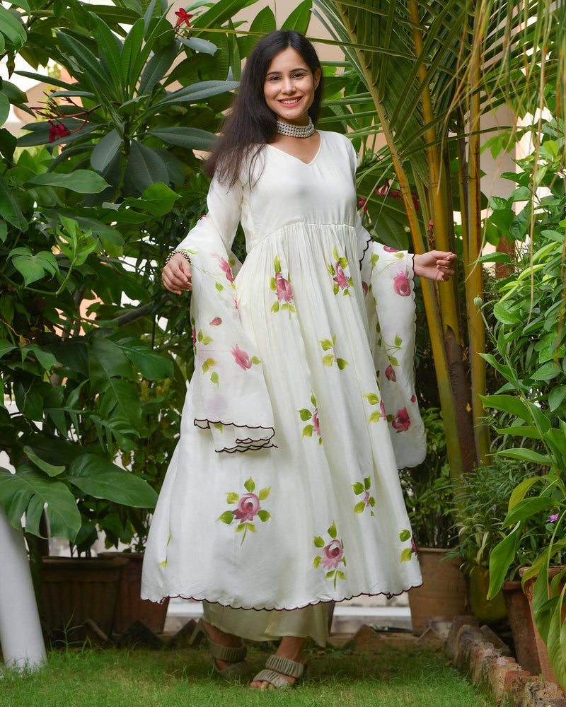 CREAM FLORAL HANDPAINTED ANARKALI SET
