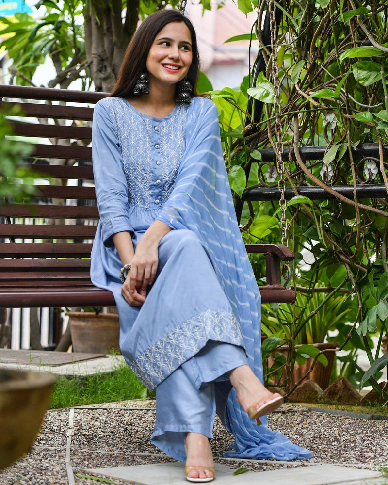 BLUE MUSLIN SUIT SET WITH EMBROIDERY