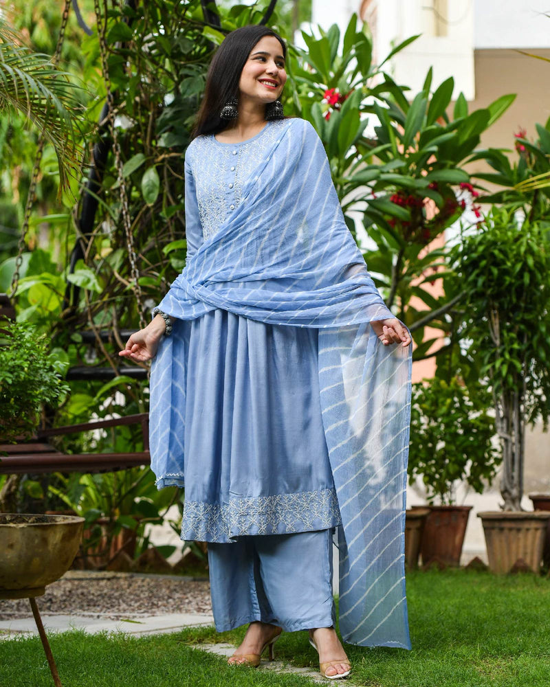 BLUE MUSLIN SUIT SET WITH EMBROIDERY