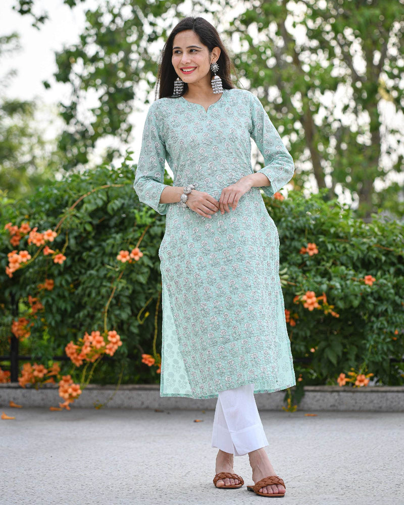 PASTEL GREEN COTTON KURTA WITH SEQUIN WORK