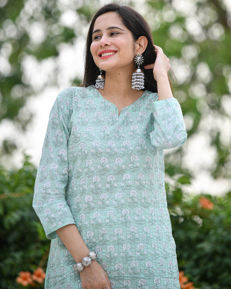 PASTEL GREEN COTTON KURTA WITH SEQUIN WORK