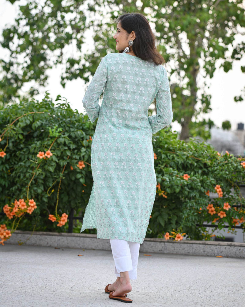 PASTEL GREEN COTTON KURTA WITH SEQUIN WORK