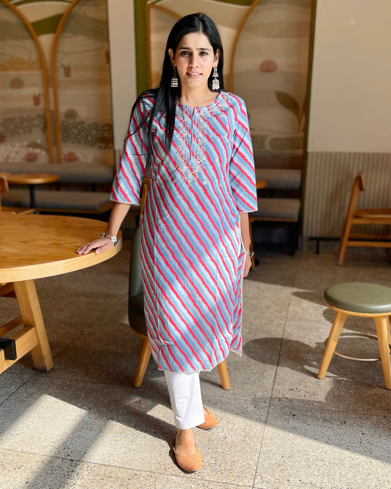 BLUE LEHERIYA COTTON KURTA