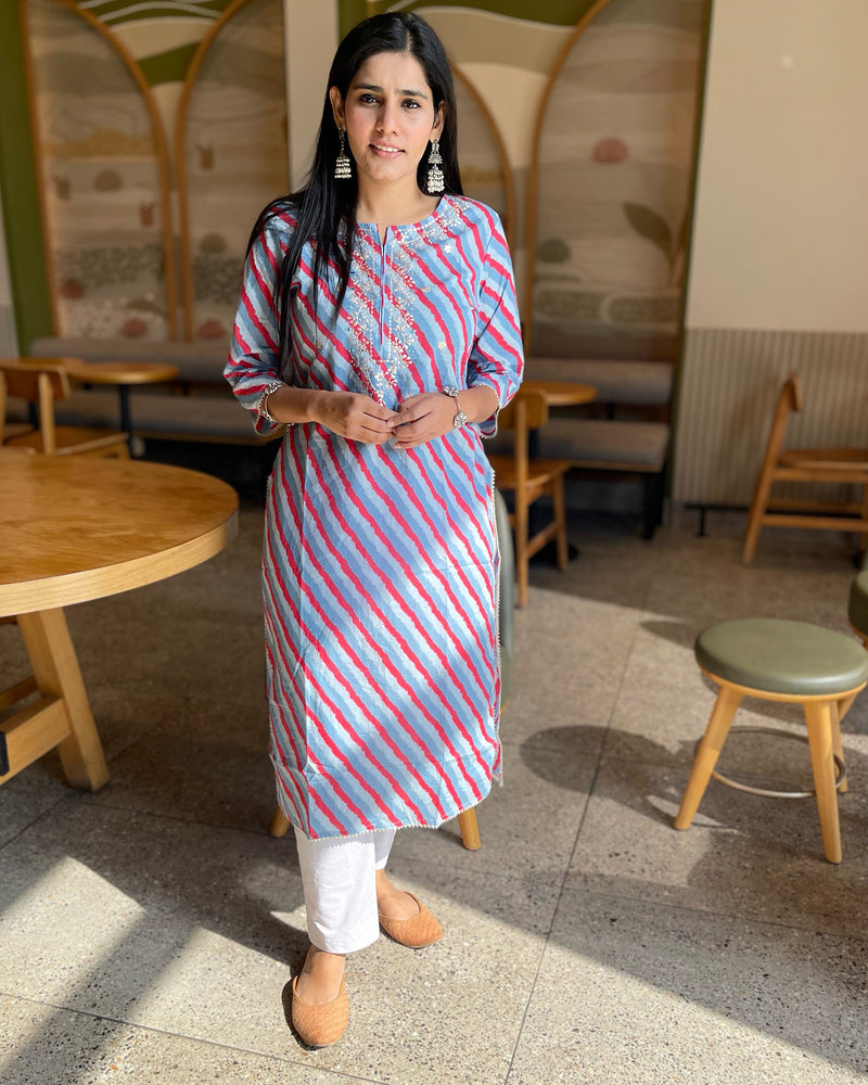 BLUE LEHERIYA COTTON KURTA