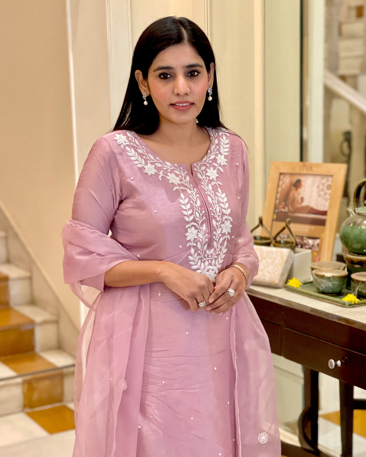 MAUVE MUSLIN SUIT SET WITH ORGANZA DUPATTA