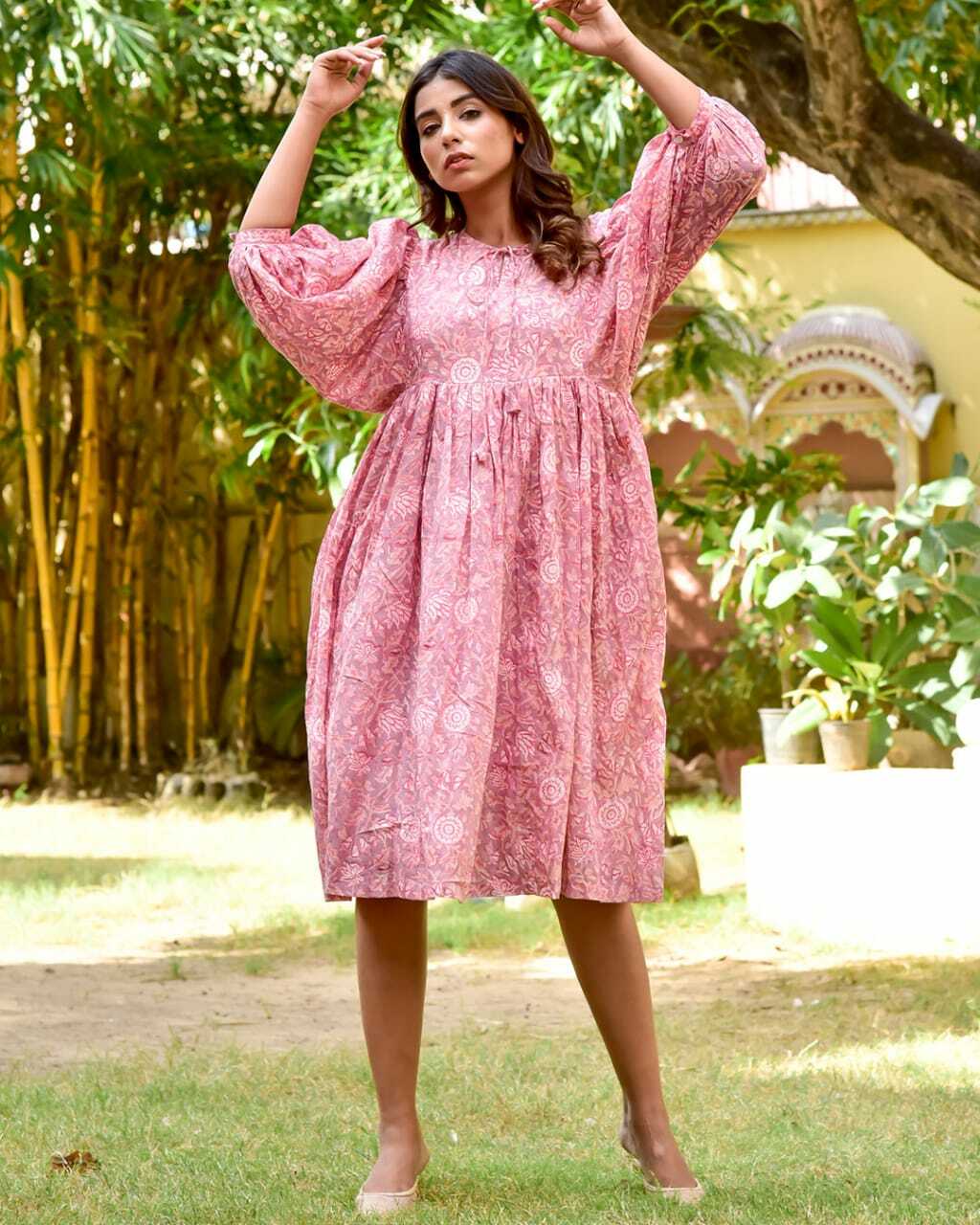 PINK PUFFED SLEEVES HANDBLOCK DRESS