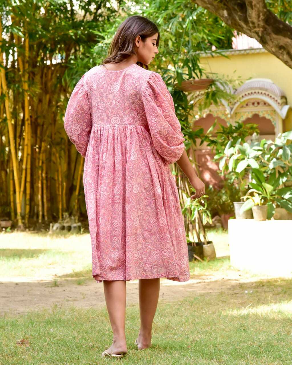 PINK PUFFED SLEEVES HANDBLOCK DRESS