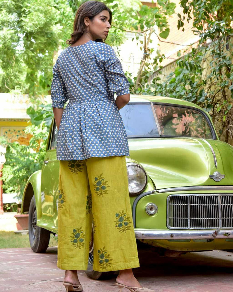 BLUE & OLIVE HANDBLOCK PANT SET