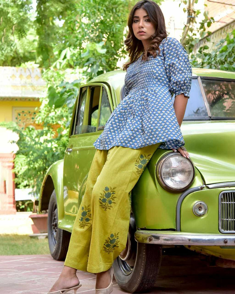 BLUE & OLIVE HANDBLOCK PANT SET